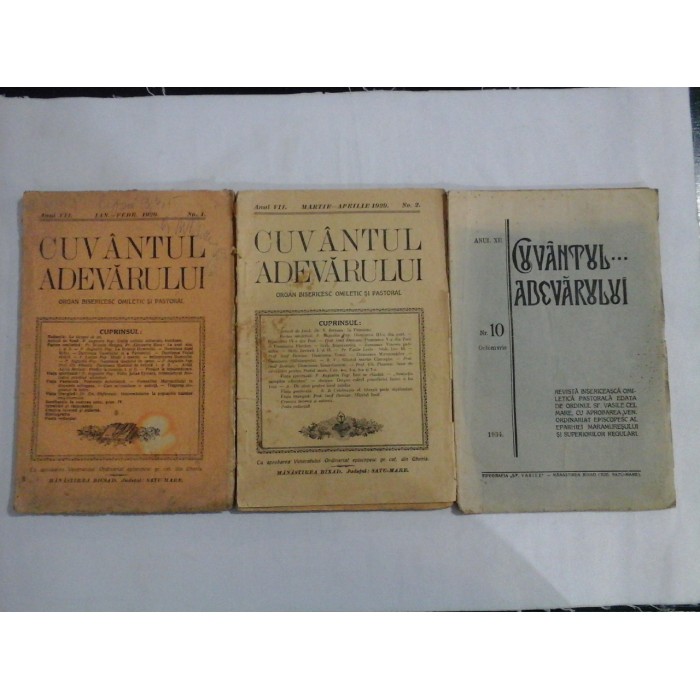 Revista CUVANTUL ADEVARULUI -Organ Bisericesc Omiletic si Pastoral - 3 numere (1929-1934)